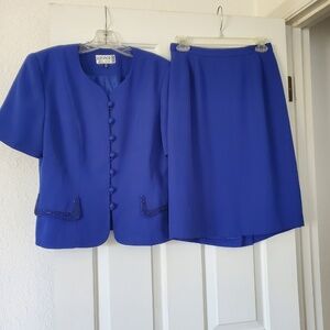 KASPER A.S.L. Sapphire Blue Short Sleeve Skirt Suit Size 8 Petite